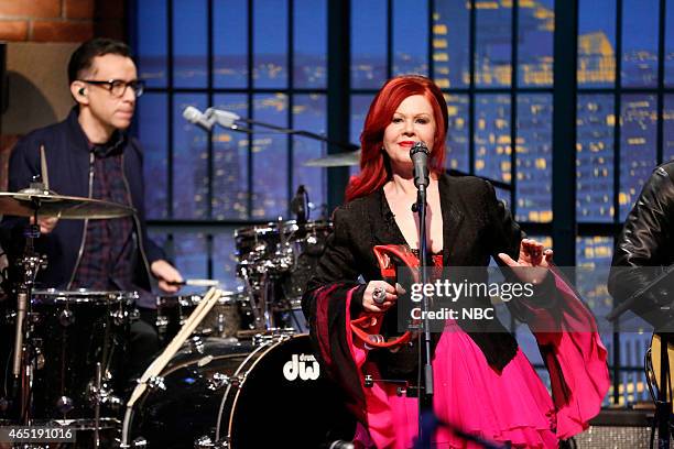 Episode 173 -- Pictured: Fred Armisen, musical guest Kate Pierson of the B-52s performs with the 8G Band on March 3, 2015 --