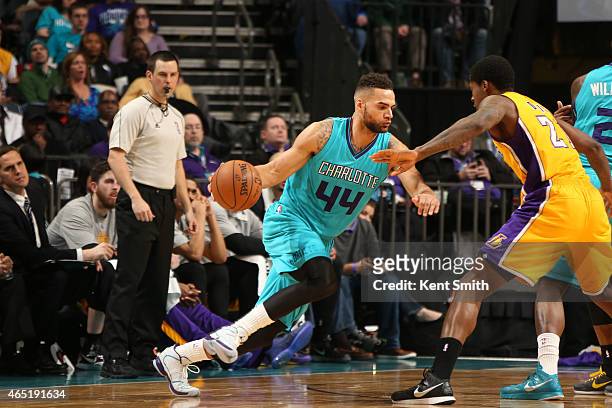 Jeff Taylor of the Charlotte Hornets drives to the basket against the Los Angeles Lakers during the game at the Time Warner Cable Arena on March 3,...