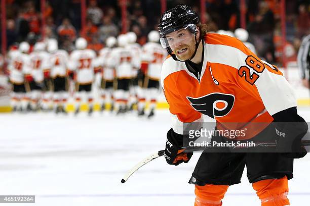 Claude Giroux of the Philadelphia Flyers reacts after Jiri Hudler of the Calgary Flames scored the game-winning goal in overtime at Wells Fargo...