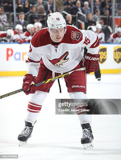 Henrik Samuelsson of the Arizona Coyotes looks on during a face-off against the New York Rangers at Madison Square Garden on February 26, 2015 in New...