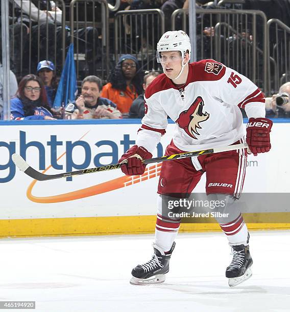 Henrik Samuelsson of the Arizona Coyotes skates against the New York Rangers at Madison Square Garden on February 26, 2015 in New York City. The New...