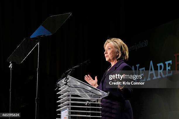 Former U.S. Secretary of State Hilllary Clinton speaks at EMILY's List 30th Anniversary Gala at Washington Hilton on March 3, 2015 in Washington, DC.