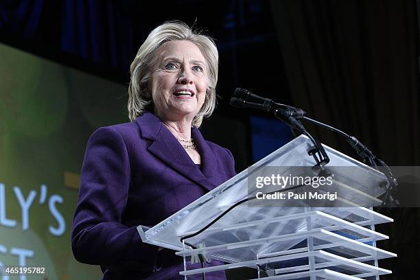 Former U.S. Secretary of State Hillary Clinton speaks after receiving the "We Are EMILY" award at the EMILY's List 30th Anniversary Gala at Hilton...