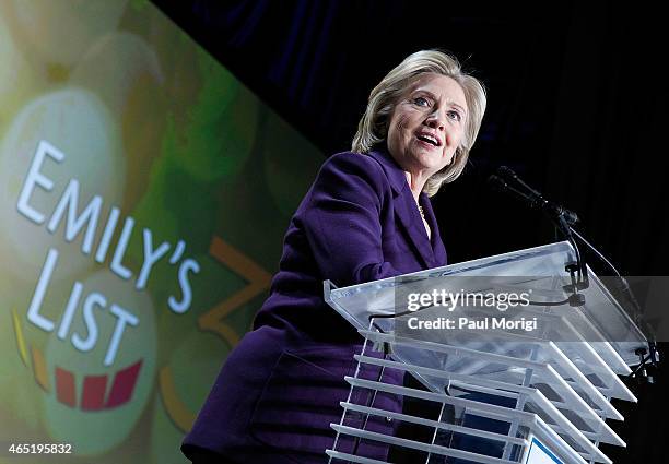 Former U.S. Secretary of State Hillary Clinton speaks after receiving the "We Are EMILY" award at the EMILY's List 30th Anniversary Gala at Hilton...