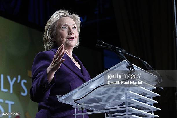 Former U.S. Secretary of State Hillary Clinton speaks after receiving the "We Are EMILY" award at the EMILY's List 30th Anniversary Gala at Hilton...
