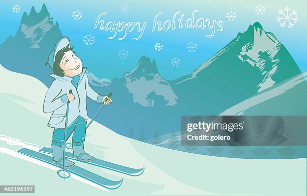 winter holiday postcard with smiling kid - ski humour 幅插畫檔、美工圖案、卡通及圖標