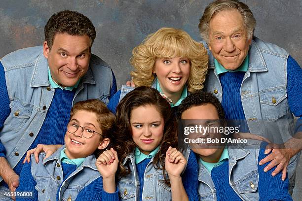 Walt Disney Television via Getty Images's "The Goldbergs" stars Jeff Garlin as Murray Goldberg, Sean Giambrone as Adam Goldberg, Hayley Orrantia as...