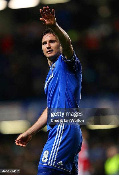 Frank Lampard of Chelsea waves to the fans during the FA Cup Fourth Round between Chelsea and Stoke City at Stamford Bridge on January 26, 2014 in...