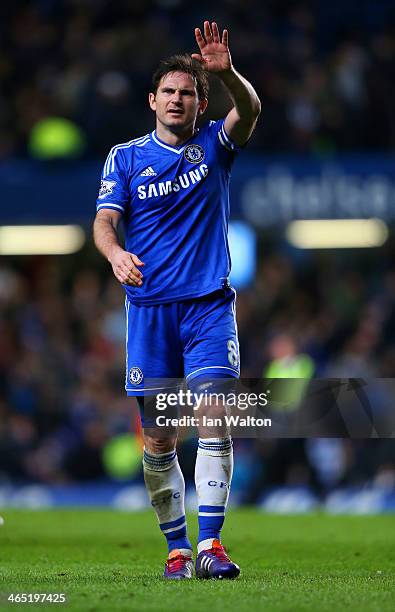 Frank Lampard of Chelsea waves to the fans during the FA Cup Fourth Round between Chelsea and Stoke City at Stamford Bridge on January 26, 2014 in...