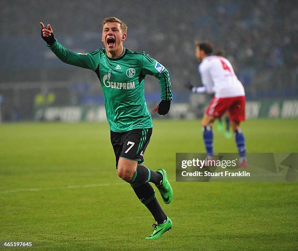 Max Meyer of Schalke celebrates his goal during the Bundesliga match between Hamburger SV and FC Schalke 04 at Imtech Arena on January 26, 2014 in...