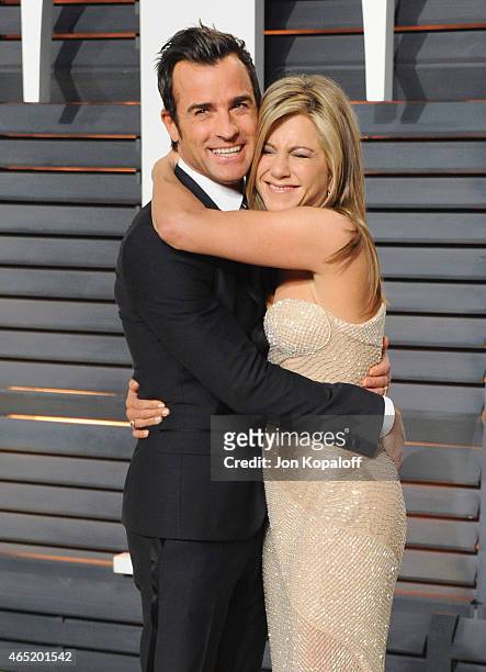 Actor Justin Theroux and actress Jennifer Aniston arrive at the 2015 Vanity Fair Oscar Party Hosted By Graydon Carter at Wallis Annenberg Center for...