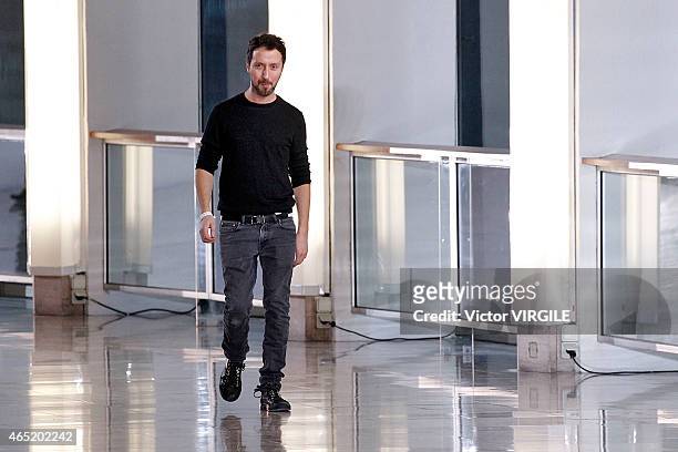 Designer Anthony Vaccarello walks the runway during the Anthony Vaccarello show as part of the Paris Fashion Week Womenswear Fall/Winter 2015/2016 on...