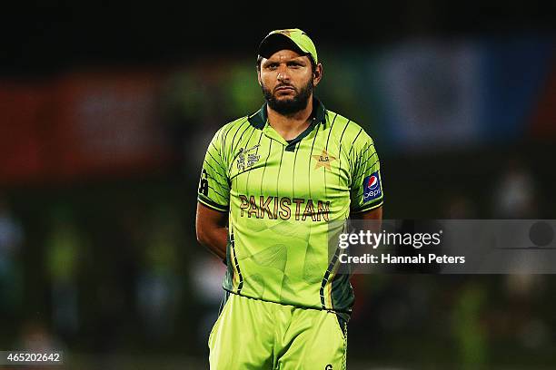 Shahid Afridi of Pakistan looks on during the 2015 ICC Cricket World Cup match between Pakistan and the United Arab Emirates at McLean Park on March...