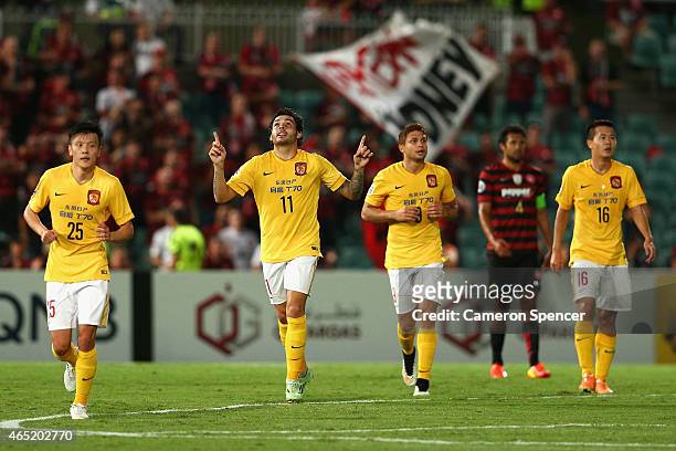 Goulart Pereira of Guangzhou celebrates scoring a goal during the Asian Champions League match between the Western Sydney Wanderers and Guangzhou...