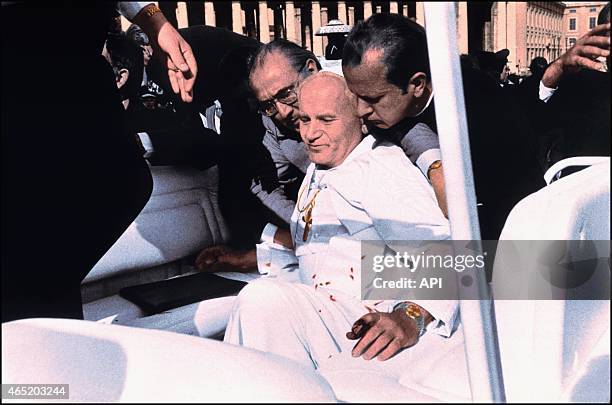 Colorized picture of the terrorist attack against John Paul II when Turk Mehmed Ali Agca fires three bullets at the pope from close range, wounding...
