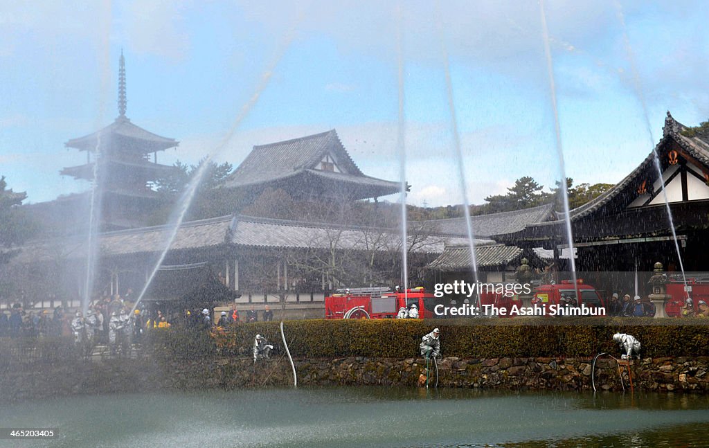 Fire Exercise Holds At World Heritage Horyuji Temple