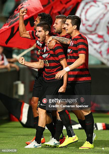 Iacopo La Rocca of the Wanderers celebrates scoring a goal with team mates during the Asian Champions League match between the Western Sydney...