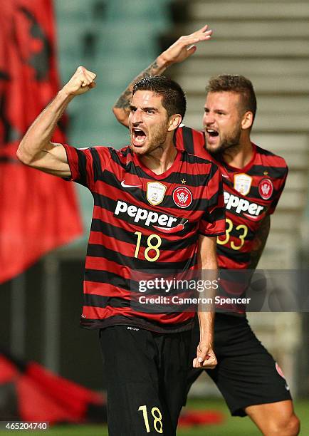 Iacopo La Rocca of the Wanderers celebrates scoring a goal with team mates during the Asian Champions League match between the Western Sydney...