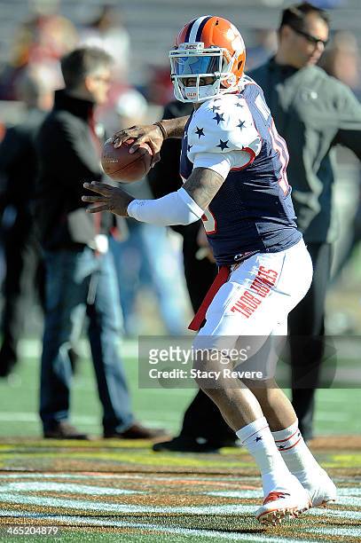 Tajh Boyd of the North squad participates in drills prior to the Reese's Senior Bowl against the South squad at Ladd Peebles Stadium on January 25,...