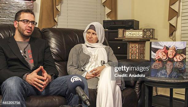 Leila Barakat , mother of shooting victim Deah Shaddy Barakat, her husband Namee Barakat and her son Faris Barakat speak to the media regarding...