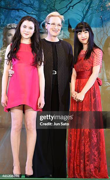 Actresses Lilla Crawford, Meryl Streep and Sayaka Kanda attend "Into the Woods" Japan Premiere at Roppongi Hills on March 4, 2015 in Tokyo, Japan.