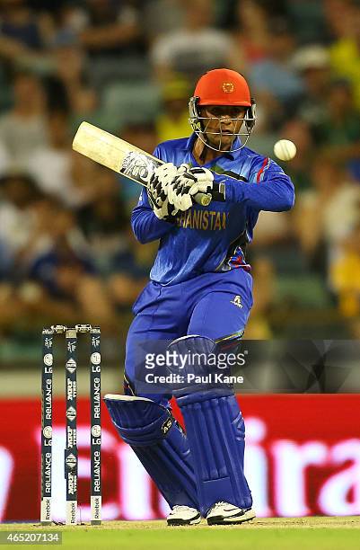 Usman Ghani of Afghanistan avoids a high delivery during the 2015 ICC Cricket World Cup match between Australia and Afghanistan at WACA on March 4,...
