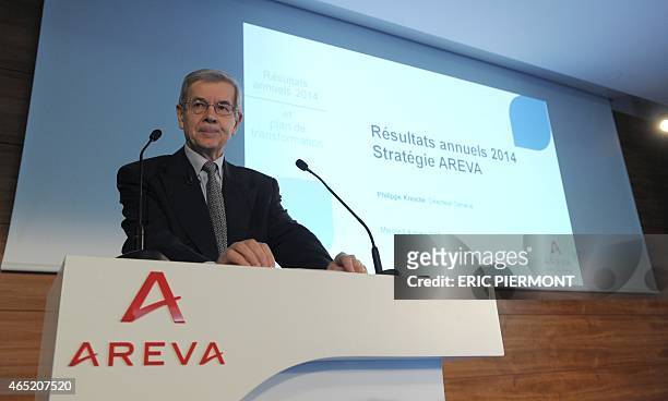 France's nuclear group Areva Chairman of the Board of Directors Philippe Varin presents the groups 2014 annual results on March 4, 2015 at Areva's...