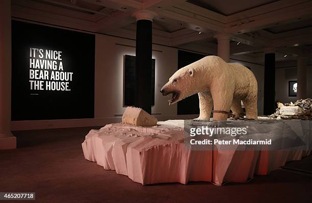 Giant polar bear installation by Bertozzi & Casoni 'Composizione In Bianco' is shown at Sotheby's Bear Witness collection on March 4, 2015 in London,...