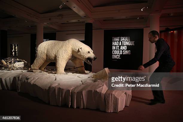 Giant polar bear installation by Bertozzi & Casoni 'Composizione In Bianco' is shown at Sotheby's Bear Witness collection on March 4, 2015 in London,...