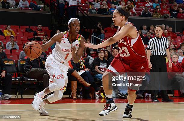 Laurin Mincy of the Maryland Terrapins handles the ball against the Indiana Hoosiers at the Xfinity Center on February 26, 2015 in College Park,...