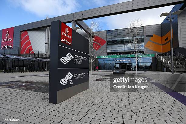 General view of the exterior ahead of the Davis Cup match between Great Britain and USA at Emirates Arena on March 4, 2015 in Glasgow, Scotland.