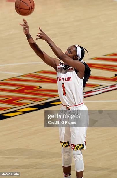 Laurin Mincy of the Maryland Terrapins shoots the ball against the Indiana Hoosiers at the Xfinity Center on February 26, 2015 in College Park,...