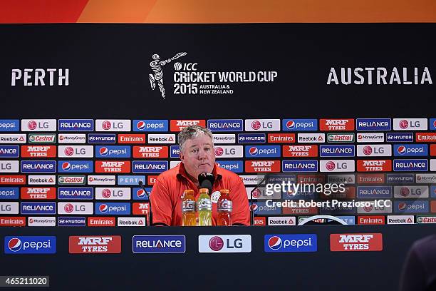 Coach Andy Moles of Afghanistan speaks to media during the 2015 ICC Cricket World match between Australia and Afghanistan at WACA on March 4, 2015 in...