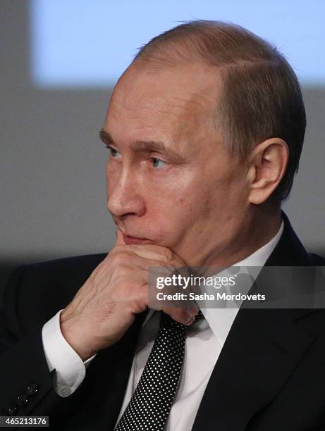 Russian President Vladimir Putin attends an annual expanded meeting of the Interior Ministry's Board on March 4, 2015 in Moscow, Russia. Putin asks...