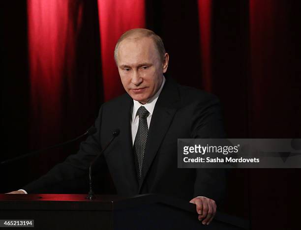 Russian President Vladimir Putin speaks during an annual expanded meeting of the Interior Ministry's Board on March 4, 2015 in Moscow, Russia. Putin...