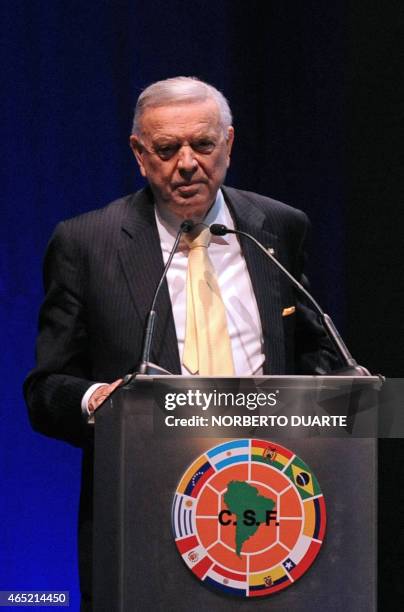 Brazil's football confederation president, Jose Maria Marin, delivers a speech during the 65th Ordinary Congress of the CONMEBOL, at the South...