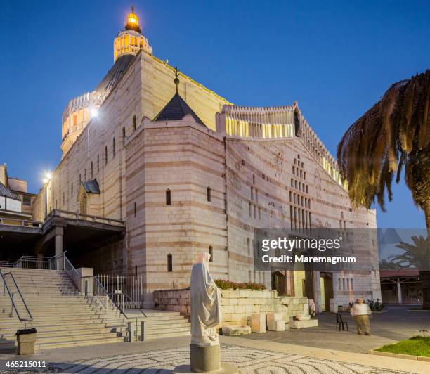 view of basilica of the annunciation at twilight - galillee stock pictures, royalty-free photos & images