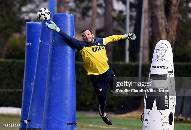 Samir Handanovic during FC Internazionale training session at the club's training ground at Appiano Gentile on March 04, 2015 in Como, Italy.