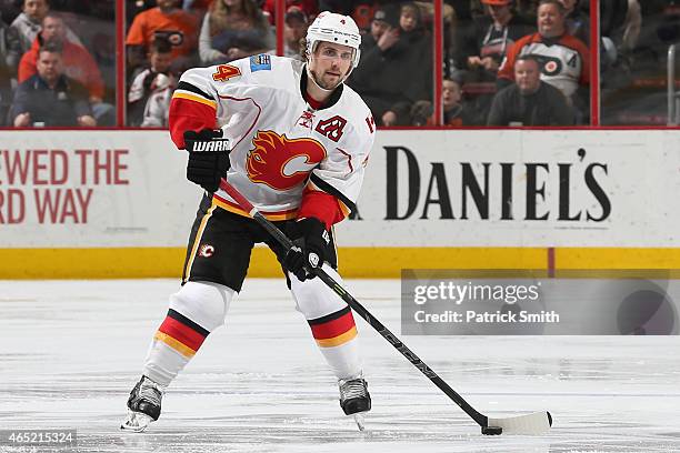 Kris Russell of the Calgary Flames skates against the Philadelphia Flyers at Wells Fargo Center on March 3, 2015 in Philadelphia, Pennsylvania. The...