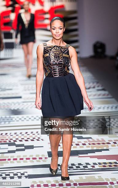 Sarah-Jane Crawford walks the runway at the Fashion For Relief charity fashion show to kick off London Fashion Week Fall/Winter 2015/16 at Somerset...