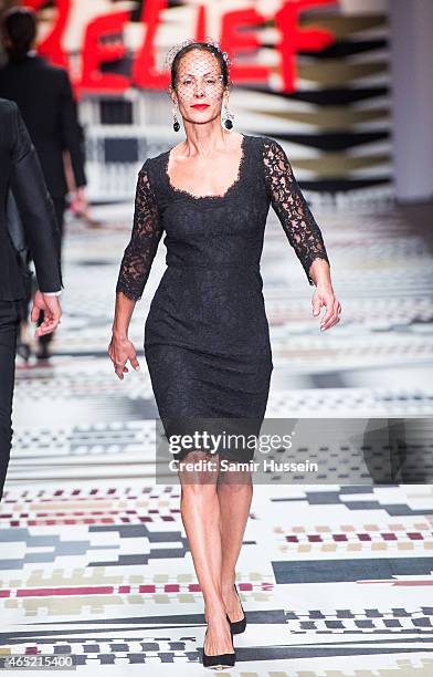 Andrea Dellal walks the runway at the Fashion For Relief charity fashion show to kick off London Fashion Week Fall/Winter 2015/16 at Somerset House...