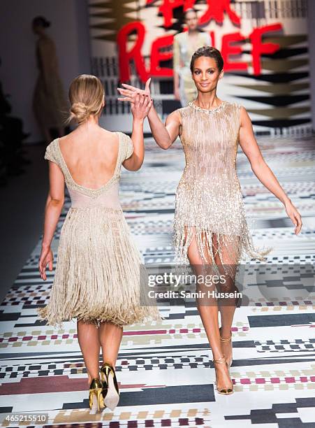 Alesha Dixon and Katie Piper walks the runway at the Fashion For Relief charity fashion show to kick off London Fashion Week Fall/Winter 2015/16 at...