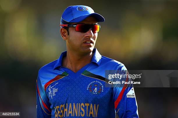 Usman Ghani of Afghanistan looks on during the 2015 ICC Cricket World Cup match between Australia and Afghanistan at WACA on March 4, 2015 in Perth,...