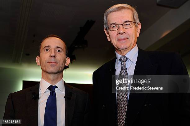 France's nuclear group Areva Chairman of the Board of Directors Philippe Varin and CEO Philippe Knoche arrive to present the group's 2014 annual...