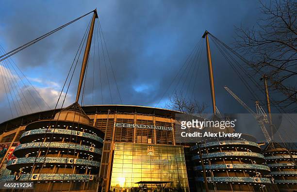 General view of the Etihad Stadium is seen prior to the Barclays Premier League match between Manchester City and Leicester City at Etihad Stadium on...