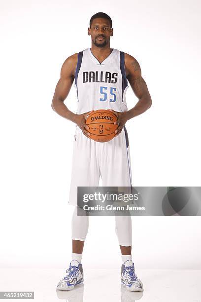 Bernard James of the Dallas Mavericks poses for a photo on March 2, 2015 at the American Airlines Center in Dallas, Texas. NOTE TO USER: User...