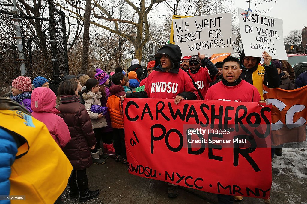 Labor Union Representatives And Activists Demonstrate For Carwash Workers Rights