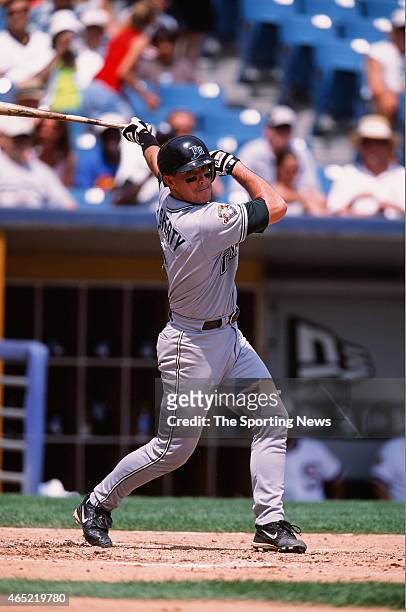 John Flaherty of the Tampa Bay Rays bats against the Chicago White Sox during a game on August 5, 2001.