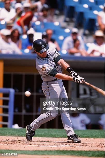 John Flaherty of the Tampa Bay Rays bats against the Chicago White Sox during a game on August 5, 2001.