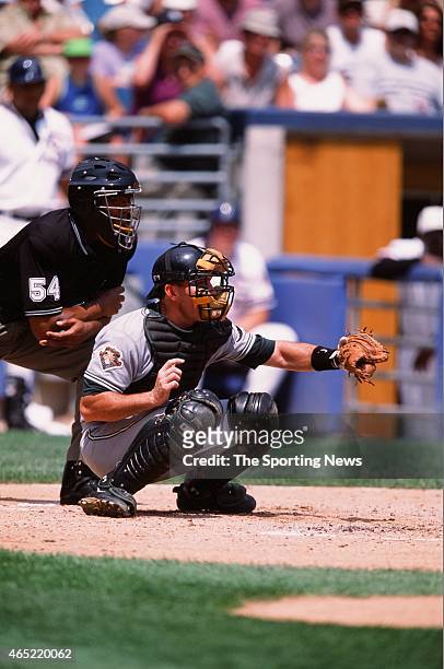 John Flaherty of the Tampa Bay Rays catches against the Chicago White Sox during a game on August 5, 2001.